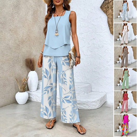 🔥50% RABATT🌺Modische Zweiteilige Damen-Outfits mit bedrucktem ärmellosen Oberteil & Hose
