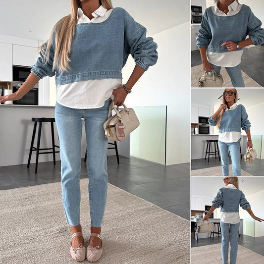 ⏳Begrenzte Zeit 50% Rabatt💥🩵 Modisches zweiteiliges Set aus langärmligem Jeansoberteil und Hose für Damen