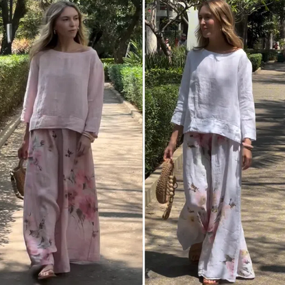 ⏳24-Stunden-Lieferung💥🥰Zweiteiliges Set aus Oberteilen in Unifarben und Hose mit weitem Bein und Blumenmuster