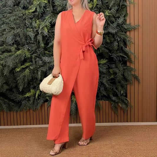 ⏳Begrenzte Zeit 50% Rabatt💥Einfarbiger, lässiger Jumpsuit mit V-Ausschnitt und Bindeband für Damen