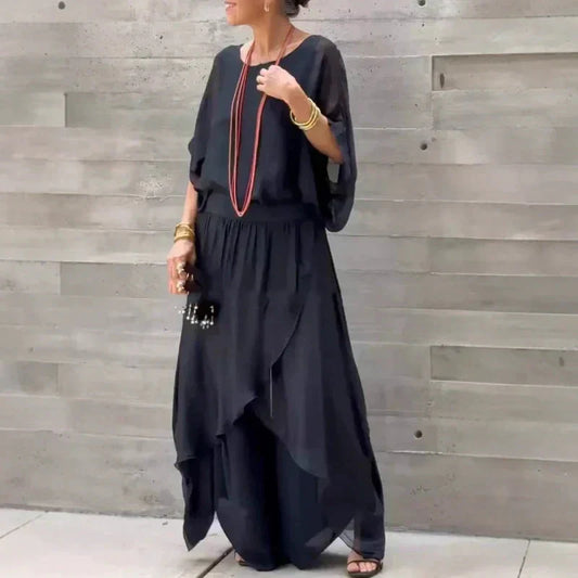 ⏳Begrenzte Zeit 50% Rabatt💥2-teiliges Set aus Chiffon mit lockerem Oberteil und weiten Schlitzhosen