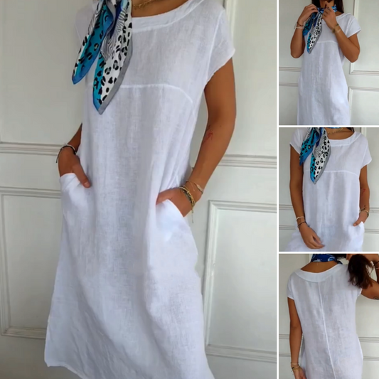 🏖️Soldes Sommer 50% Rabatt🌼Kurzärmeliges Baumwollkleid mit Rundhalsausschnitt für Frauen