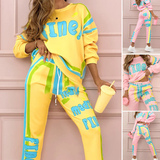 ⏳Begrenzte Zeit 50% Rabatt💥Zweiteiliges Sweatshirt- und Jogginghosen-Set mit buntem Aufdruck für Damen
