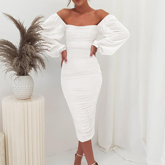 ⏳24-Stunden-Lieferung💥Drapiertes, figurbetontes Damenkleid mit transparenten Laternenärmeln