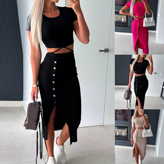 ⏳24-Stunden-Lieferung💥Einfarbiges Crop-Top und Rock mit Schlitz vorne, 2-teiliges Set
